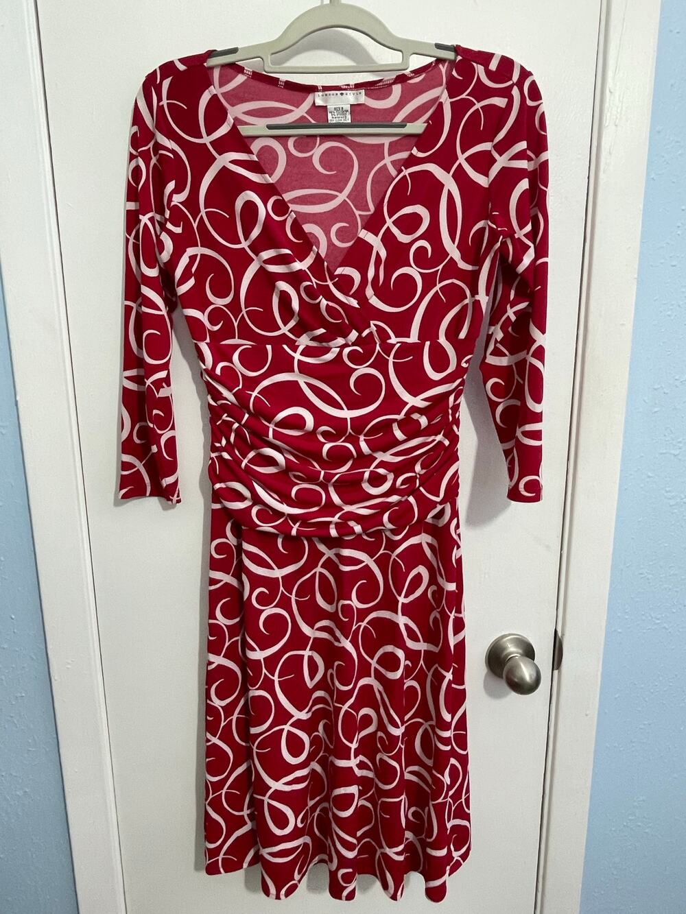 Y2K London Style Dress Size 8 Red Abstract Faux Wrap Office Siren Valentines